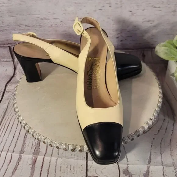 Salvatore Ferragamo Vintage Leather Slingback Heels Cream Black Cap Toe Size 8.5 - Picture 3 of 12